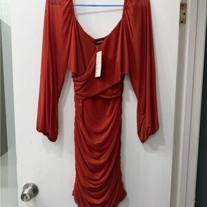 Red orange Ruched Long-Sleeve Women's Dress